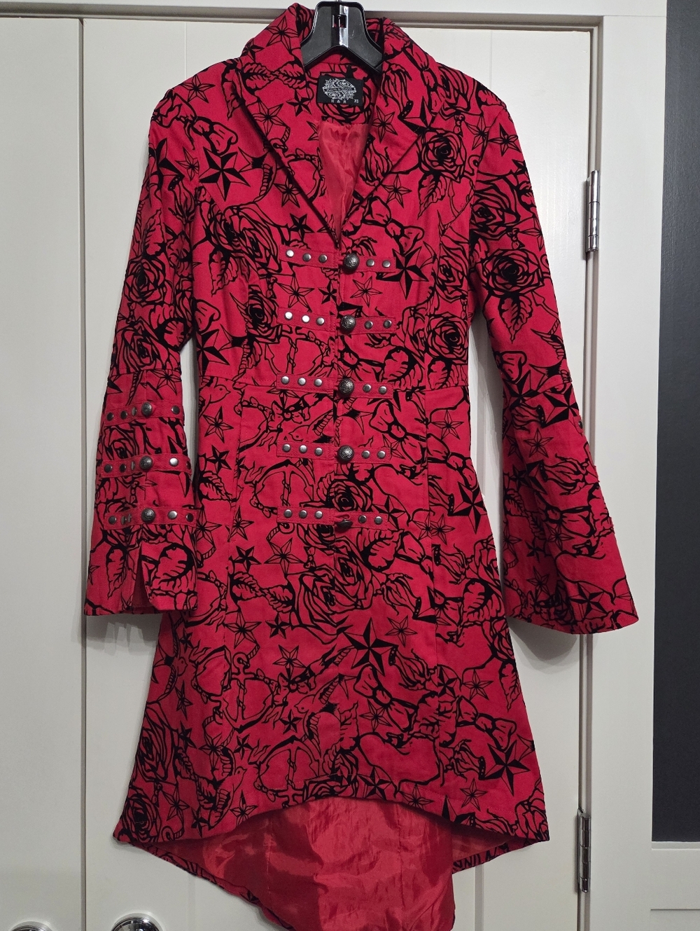 Red Floral-Print Tailcoat Trench Coat with Stud Details